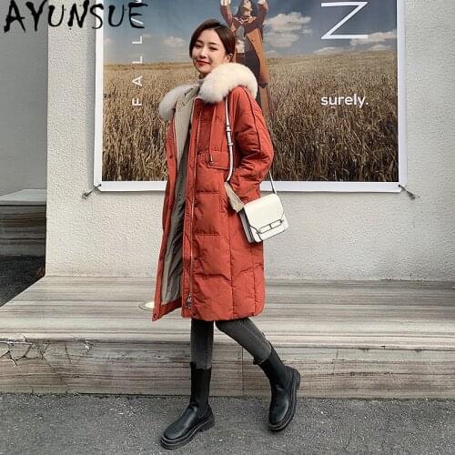 AYUNSUE Womens Down Jacket Long Coat Female Hooded Parkas Woman 90% White Duck Down Jackets Fox Fur Collar 2020 Abrigo Mujer