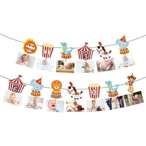 Baby Shower Carnival Circus Photo Display Banner Cartoon Animal Wall Hanging Banner Decorations Kids Birthday Party Supplies