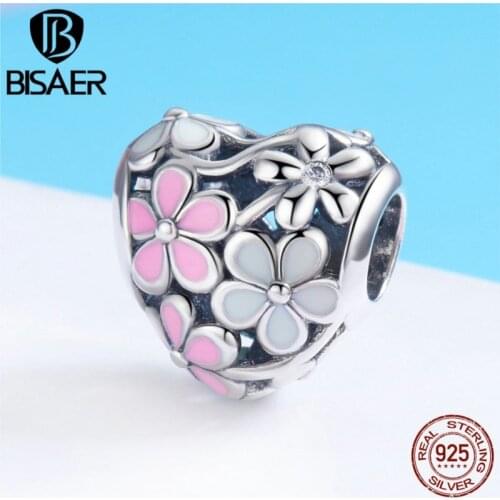 BISAER 925 Sterling Silver Pink Enamel Cherry Flower White Charms Flower Heart Beads fit Silver 925 Jewelry Making ECC761