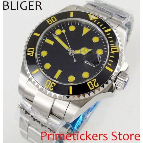 Yellow hands BLIGER 40mm sapphire glass sterile black dial luminous ceramic bezel automatic mens wristwatch