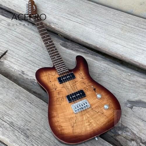 Brown Burst Acepro Electric guitar, Black P90 Pickups, Roast Maple Neck, Spalted Maple top, Abalone dots inlay, Chrome Hardware