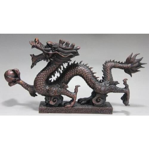 Chinese red Bronze copper Zodiac Dragon god Beast Dragon Play Bead luck Statue