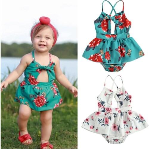 FOCUSNORM 0-24M Summer Cute Baby Girls Rompers Flowers Printed Strapless Bowknot Ruffles Chiffon Jumpsuits
