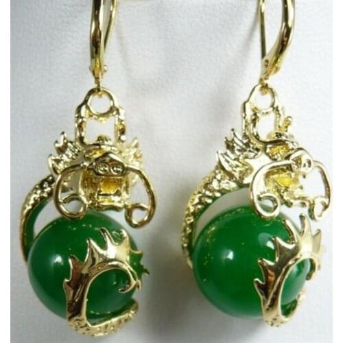 Hot Sell Fancy 12mm green jade dragon fine gem earrings