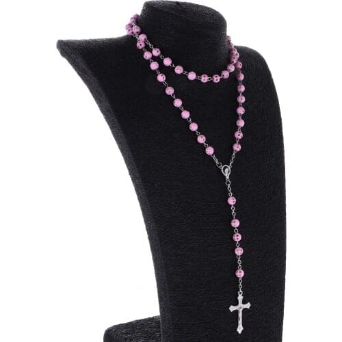 Fashion Women Girls Hip 8mm Bead Rosary Pray Hand Jesus Cross Pendant Necklace Pink