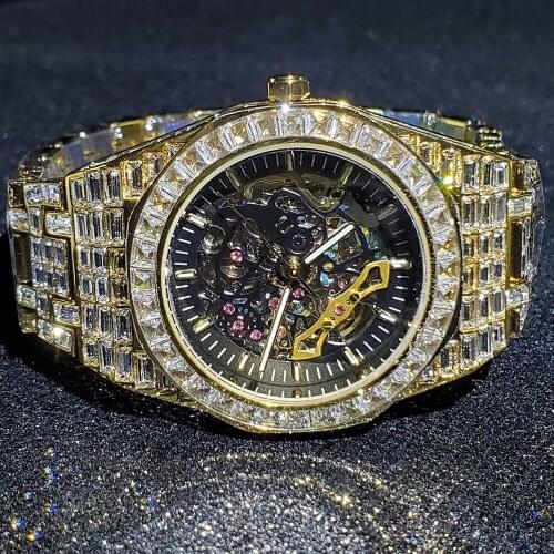 Hip Hop MISSFOX Dropshipping Iced Out Automatic Mechanic Watch Men Luxury Brand 18K Gold Diamond Stainless Steel AP Mens Watches