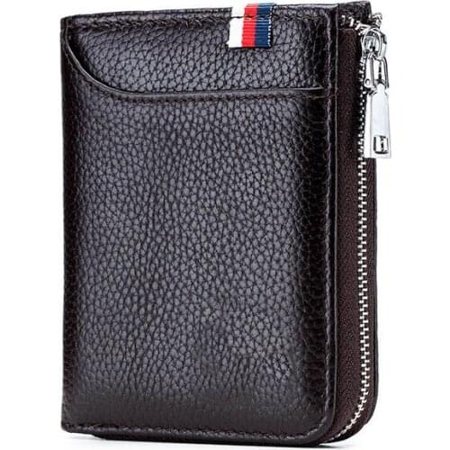 Mens Zipper Wallet RFID Blocking 100% Genuine Leather Wallets Business Credit Card Holder Cowhide Package Purse High Quality