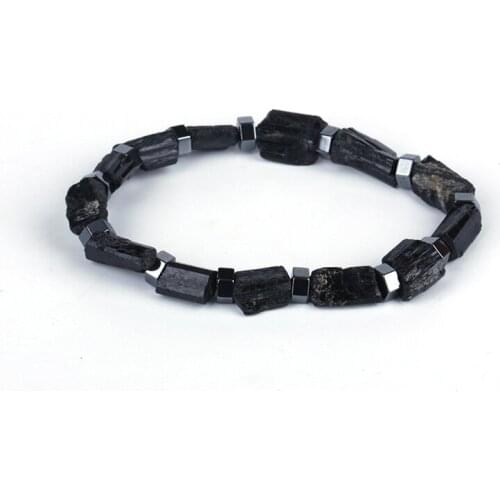 Natutal Raw Rough Black Tourmaline Hexagon Hematite Bead Charms Unisex Bracelet Healing Energy Bracelet For Man Women
