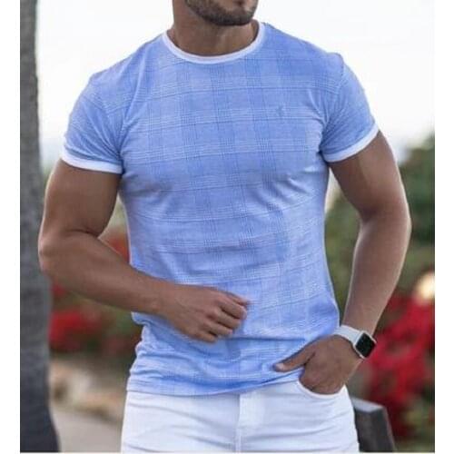 New Muscle European And American Mens Casual Checkered Quick-Drying Breathable Round Neck T-Shirt With Short Sleeves M-2XL