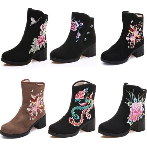 Autumn winter national Chinese style embroidered shoes high heel Plus velvet warm boots Vintage Heavy-Bottomed cos loli shoes