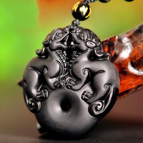 Natural Black Obsidian Pixiu Jade Pendant Necklace Chinese Hand-Carved Fashion Jewelry Amulet Accessories for Men Women Gifts
