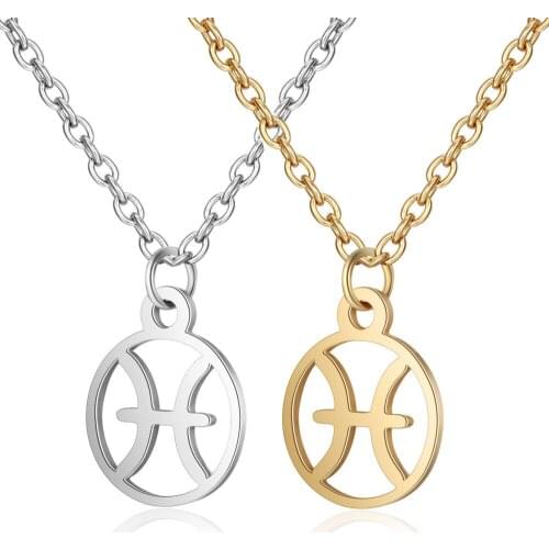 2pcs Pisces Stainless Steel Constellation Pendant Necklace Round Coin Zodiac Sign Statement Silver Gold Necklace For Women
