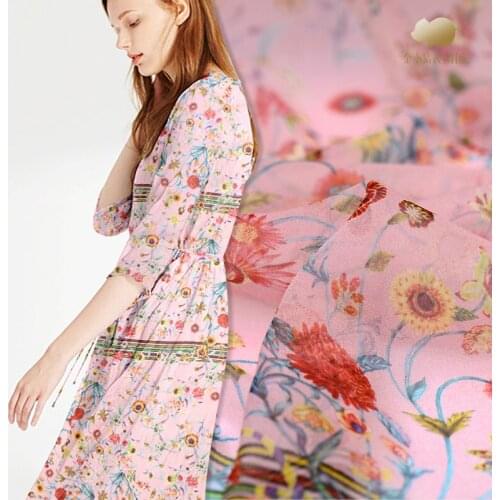 Pink digital inkjet silk georgette fabric thin perspective scarf dress shirt silk fabric tulle fabric wholesale silk cloth