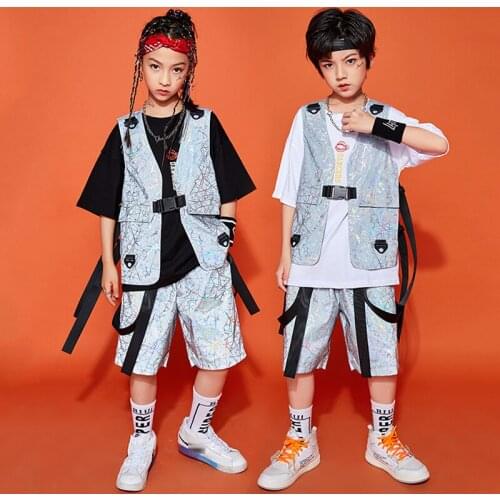 Reflective Hip Hop Dance Costumes Kids Stage Wear Silver Vest Pants Girls Jazz Clothes Boys Drum Show Street Dance Outfit BL6576