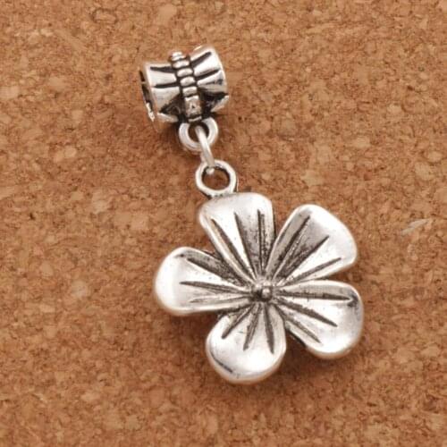 Tropical Plumeria Flower Big Hole Beads 15PCS Zinc Alloy Dangle Fit European Bracelets Jewelry DIY B327 19.3x33.8mm