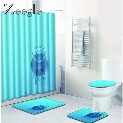 Zeegle 3D Water Pattern Shower Curtain Set with Bath Mat Water Absorption Floor Rug Non-slip Toilet Doormat Pedestal Soft Rug