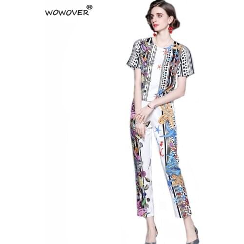 Womens Clothing 2021 Fashion Runway Suit Summer Short Sleeve Vintage Print Top and Pants 2 Piece Sets Casual Outfit