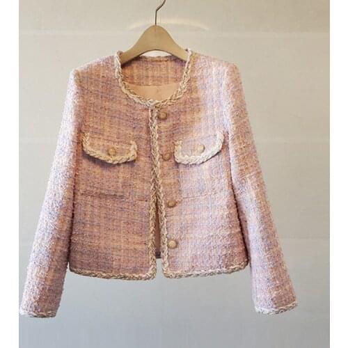 High Quality Autumn Winter Small Fragrance Fashion Tweed Single Breasted Outerwear Female Wool Long Sleeve Casual Jacket Coat