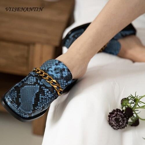 Baotou Half Slippers Female Fashion Wear British Style Retro Thick-soled Thick-heeled Square-toe Chain Mules Flat-soled Shoes