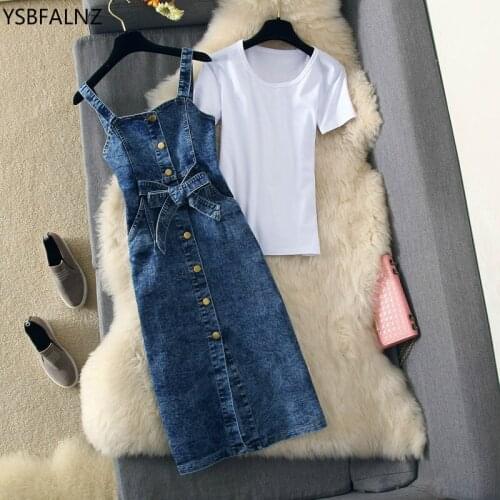 2021 New Spring Sexy 2 Piece Set Women Single-breasted Strap Denim Dress + White T-shirt Female Summer Casual Jean Dresses Suit
