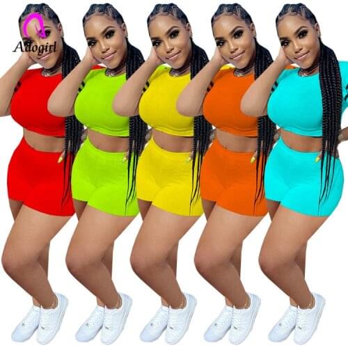 Fitness Women 2 Piece Set Solid Short Sleeve Crop Top Skinny Biker Shorts 2021 Summer Sexy Workout Activewear Casual Home Outfit