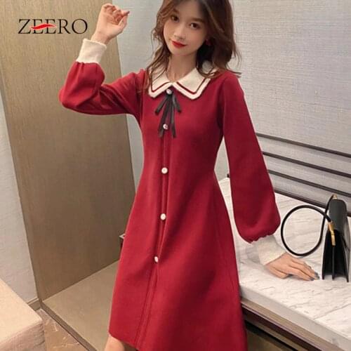 Female Lapel Splicing Bowknot Single-breasted Lantern Sleeve A-Line Knitting Dress for Women Red Christmas Mini Dresses Oversize