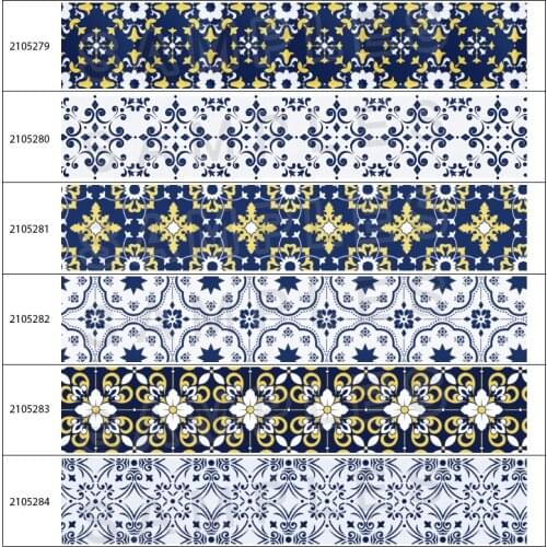 10yards Blue and White Porcelain Texture Printed Grosgrain Ribbon For Hair Bows