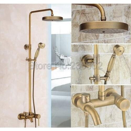 Antique Brass Bathroom Single Lever Rain Shower Faucet Set Tub Mixer Tap Hand Shower Cold and Hot Water Shower Faucets lrs188