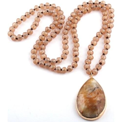 Free Shipping Fashion Frosted Crystal Glass Bead Knotted Natural Stone Pendant Necklaces For Women Ethnic Necklace