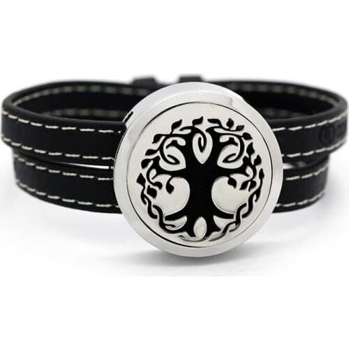 Bofee Tree Of Life Aromatherapy Diffuser Locket Leather Bracelet Essential Oil Screw Top Stainless Steel Jewelry GIft 30mm