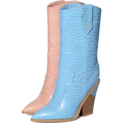 Autumn Winter Fashion Slip On Loose Mid Calf Boots Pointed Toe Stone Pattern Large Size Women Shoes 34-43 Wedges Western Boots