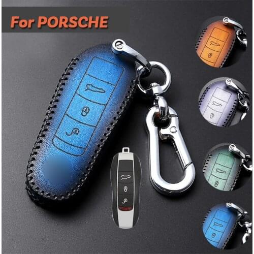 1Pcs Genuine Color Leather Car Smart Remote Key Fob Holder Cover Case With Keychain Fit For Porsche Cayenne Panamera Macan