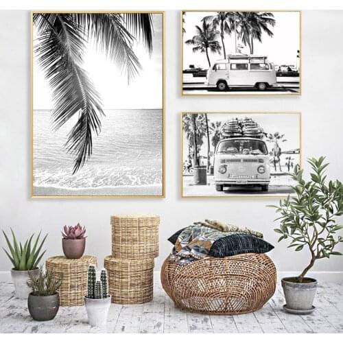 Black White Vintage Coastal Photography Poster Prints Retro Beach Camper Van Palm Tree Canvas Painting Picture Living Room Decor