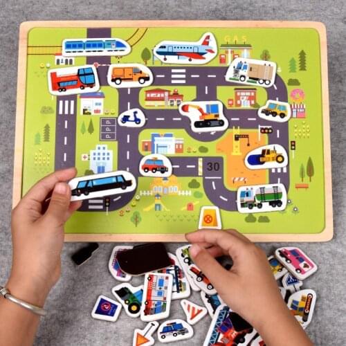 Kids Wooden Magnetic Animal Vehicle Building Blocks Jigsaw Puzzle Intelligent Toy Toddler Early Education Cognition Game