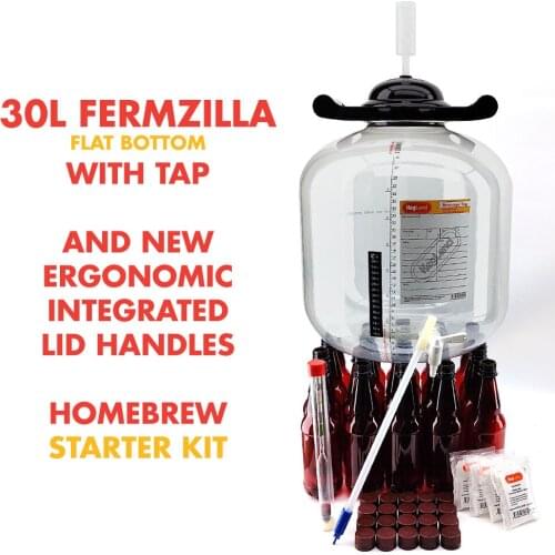FermZilla Flat Bottom with Tap - 30L Fermenter Home Brew Beginners Starter Kit with 500mL Bottles