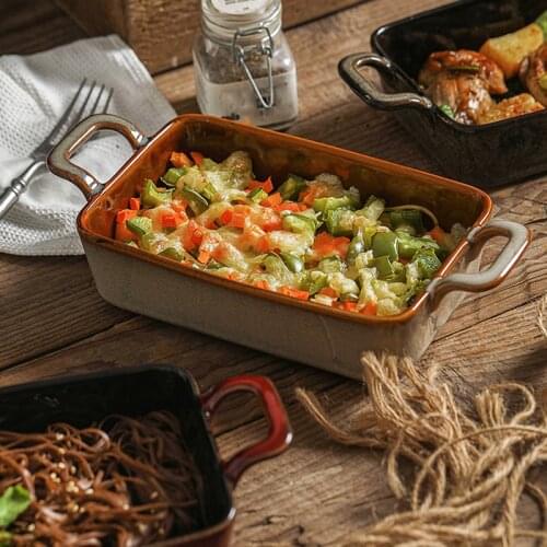 1PC RELMHSYU 6Inch Ceramic Baking Pan Retro Kiln Changing Restaurant Dishes Cheese Baked Rice Pan Oven With Double Ears