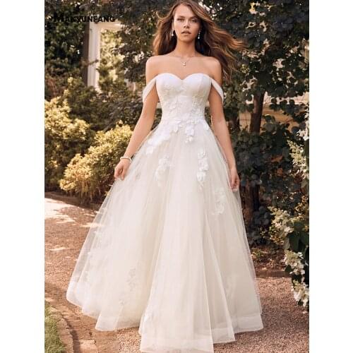 Custom Made Sweetheart Neck Embroidery Appliques Tulle Chapel Train Bridal Ball Gown Elegant Off the Shoulder Wedding Dress