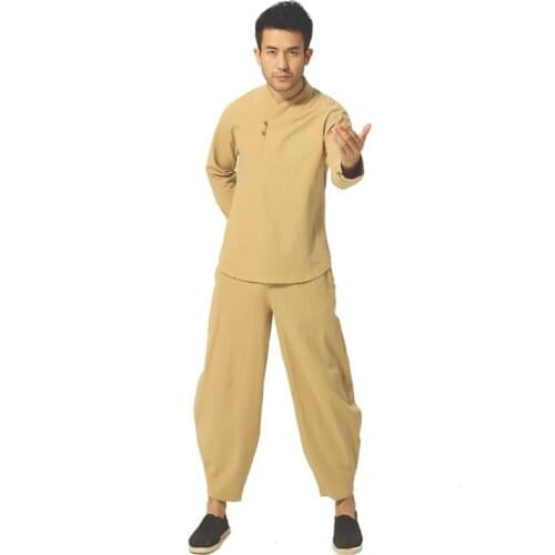 Chinese Mens Solid Cotton Linen Kung Fu Suit High Quality Wu Shu Tai Chi Sets Loose Buddhist Clothes M L XL 2XL 3XL YZT090110