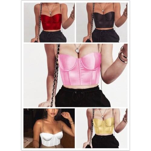 Summer Crop Top Women Sexy Bustier Top Blackless Chain Strap Padded Cropped Casual Satin Black Crop Tops Clothes 2021