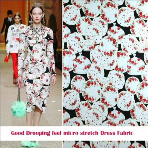 New Good Drooping Feel Micro Stretch Fabric Polyester Fibre Rose Plate Printed Dress Fabric Sewing Material DIY Women Dress