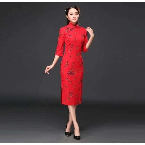 Plus Size 4XL Chinese Traditional Dress Womens Cotton Linen Cheongsam Qipao Summer Three Quarter Sleeve Long Dress