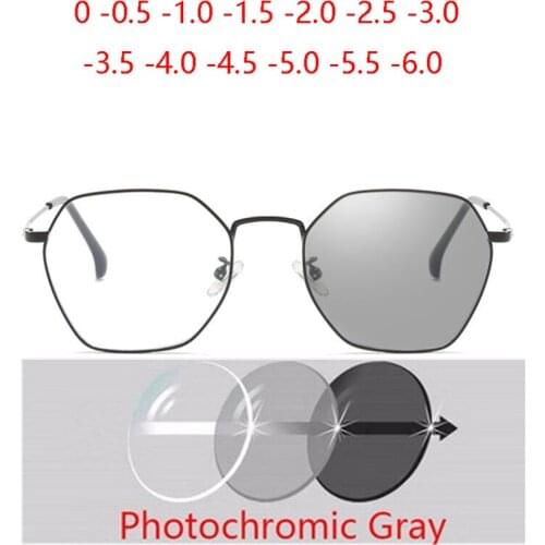 Literature Retro Polygonal Photochromic Prescription Eyeglasses Women Anti-blue Light Nearsighted Glasses Men 0 -0.5 -1.0 To -6