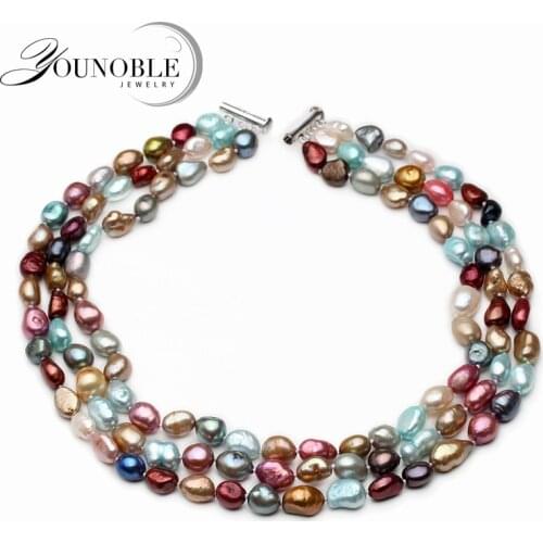 100% Real Natural Freshwater Baroque Pearl Necklace Women,Wedding 3 Row Colorful Multi Layer Necklace Birthday Gift