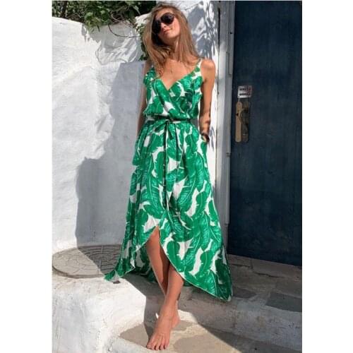 Women Boho Long Maix Leaf Print Dress Ladies V-Neck High Waist Sleeveless Split Summer Holiday Sundress Beach Wear