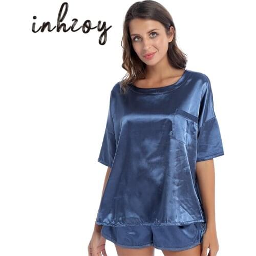 Casual Women Nightie 2pcs Satin Pajamas Sets Summer Solid Color Pocket Tops with Shorts Sleep Bottoms Sleepwear Lounge Nightwear