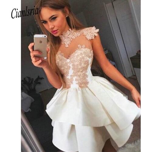 See Through Homecoming Dresses A-line High Collar Cap Sleeves Short Mini Lace Elegant Cocktail Dresses