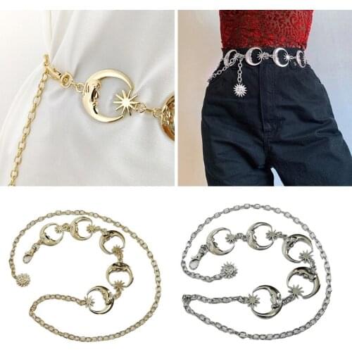 Q1FA Gothic Punk Women Girls Skinny Belt Vintage Harajuku Bohemian Metal Moon Charm High Waist Chain Beach Party Body Jewelry