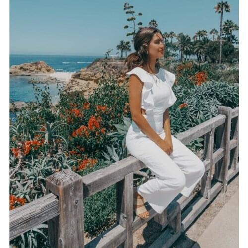 Romantic Beige Butterfly Ruffles Denim Jumpsuit Sexy Backless Lace-Up Cut-Out Frills Cotton Wed-Leg Vacasion Overall Uniform