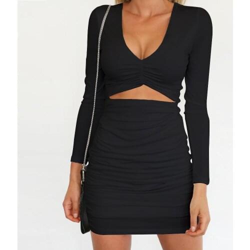 Long Sleeve Sexy V Neck Slim Dress Women 2021 Autumn Winter Hollow Out Elastic Bodycon Party Dresses Female Vestidos White Black