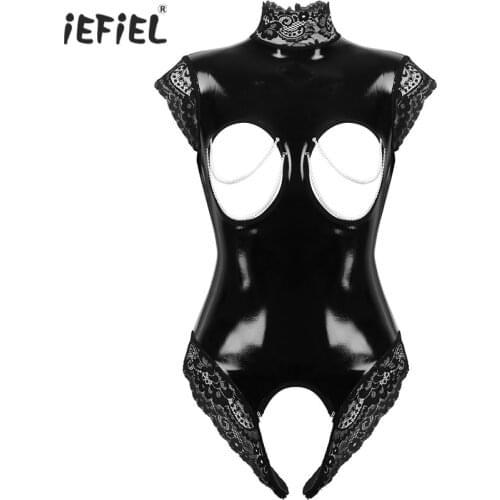Sexy One-piece PU Leather Crotchless Teddies Leotard Bodysuits Open Breast Open Crotch Bodysuit Latex Catsuit Clubwear Costumes